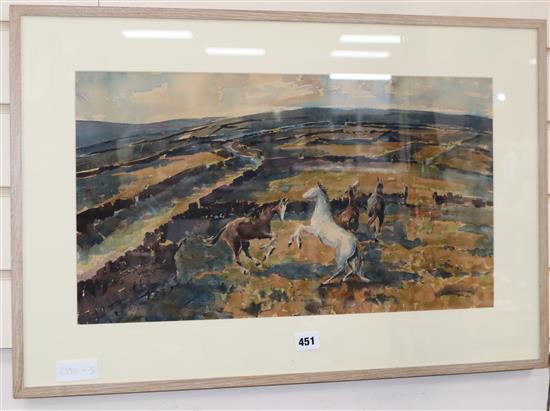 Ellis Shaw (fl.1950) watercolour, Ponies on Saddleworth Moor, signed, 31 x 55cm